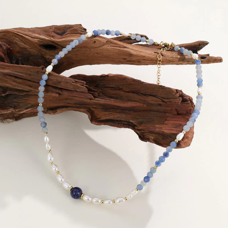 Buddha Stones Naszyjnik z perełką i naturalnym niebieskim awenturynem i lapis lazuli - Image 3