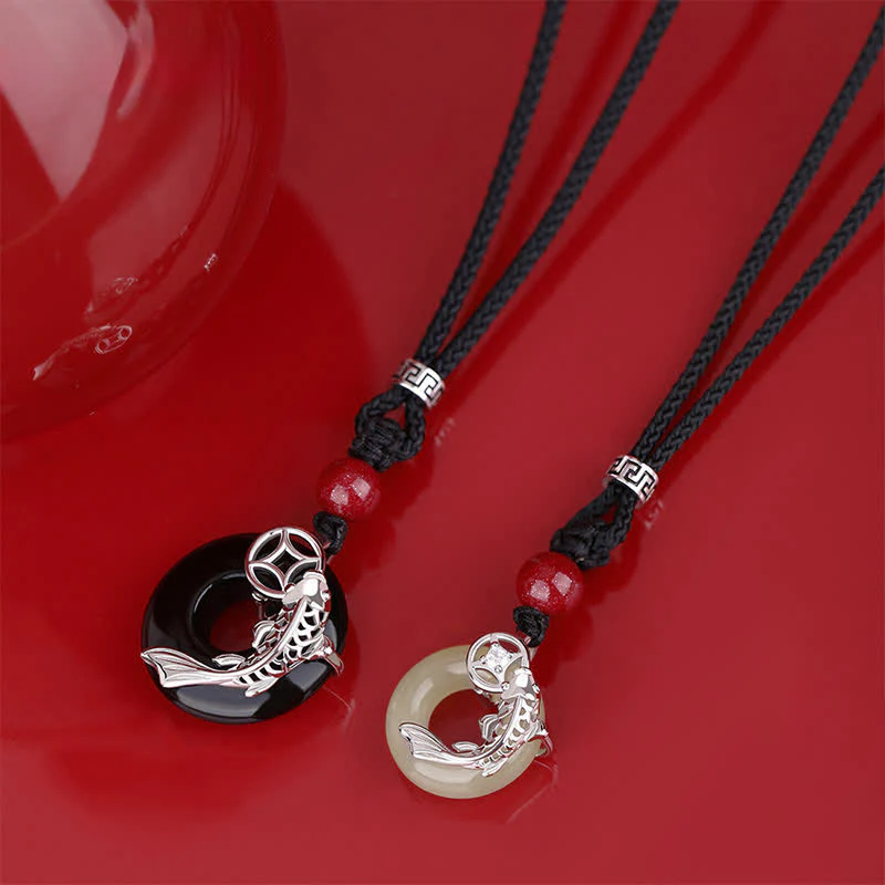Buddha Stones Naszyjnik z plecionego, okrągłego naszyjnika w stylu chińskim z jadeitu w kształcie ryby Koi Success
