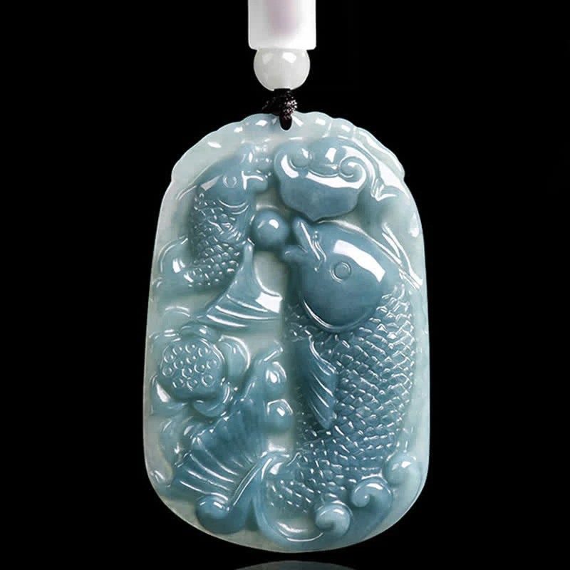 Buddha Stones Naszyjnik z podwójną liną z naturalnego jadeitu z motywem ryby Koi, symbolizujący dobrobyt - Image 2