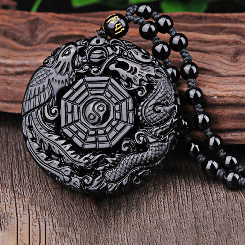 Buddha Stones Naszyjnik z wisiorkiem Bagua Dragon Phoenix Obsydian Spełnienie - Image 10