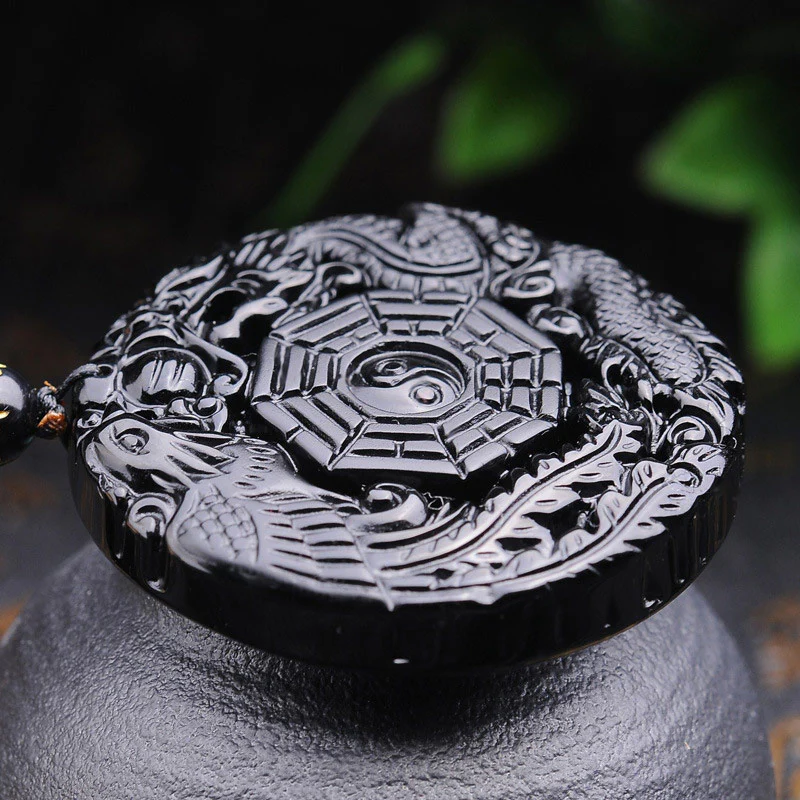Buddha Stones Naszyjnik z wisiorkiem Bagua Dragon Phoenix Obsydian Spełnienie - Image 3