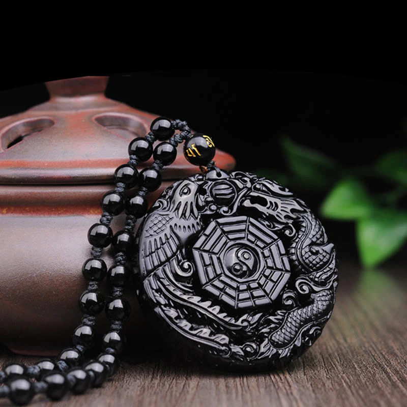 Buddha Stones Naszyjnik z wisiorkiem Bagua Dragon Phoenix Obsydian Spełnienie - Image 5