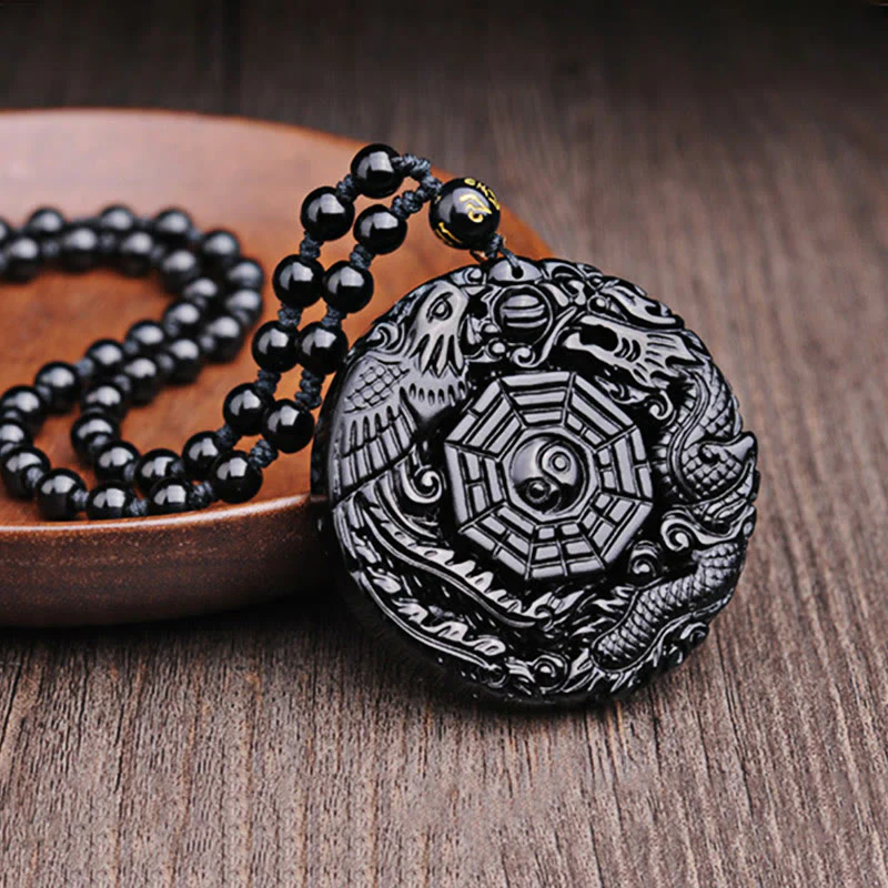 Buddha Stones Naszyjnik z wisiorkiem Bagua Dragon Phoenix Obsydian Spełnienie - Image 8