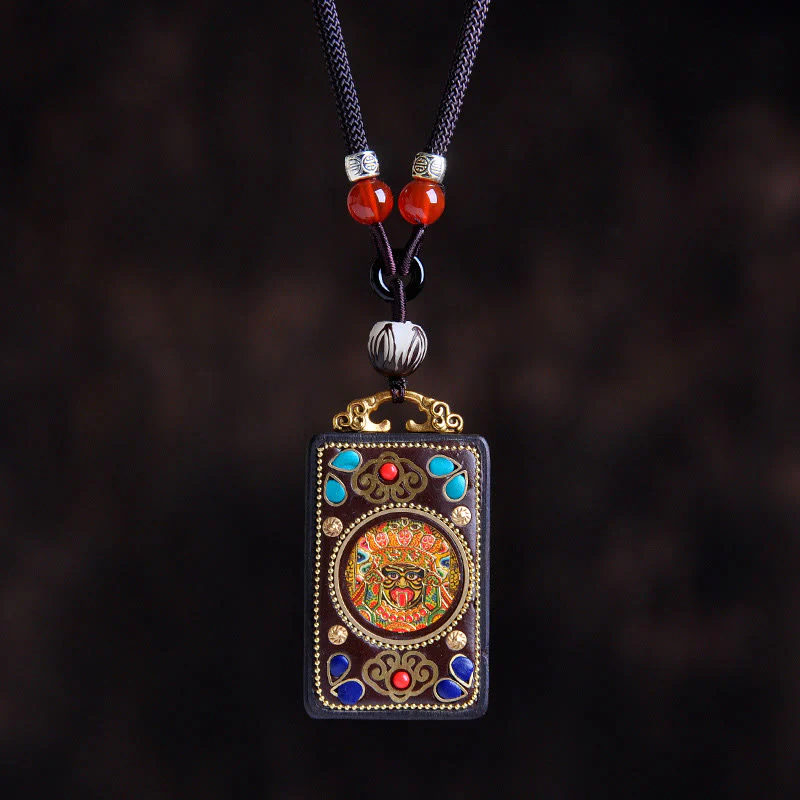 Buddha Stones Naszyjnik z wisiorkiem Thangka Yin Yang z miedzianymi monetami i hebanowym drewnem Zakiram Balance