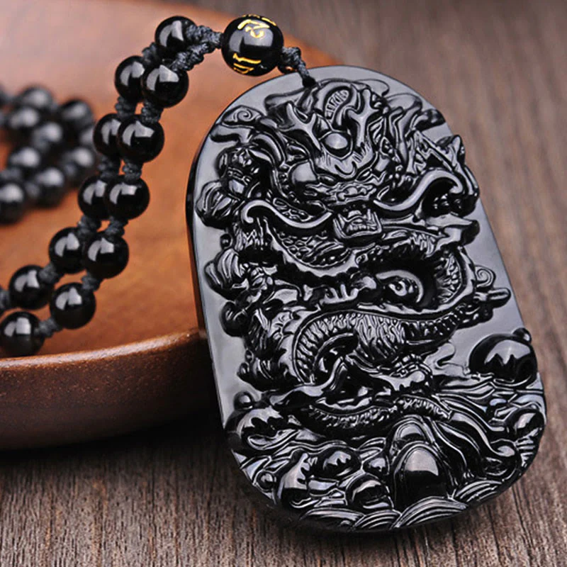 Buddha Stones Naszyjnik z wisiorkiem w kształcie smoka z czarnego obsydianu - Image 6