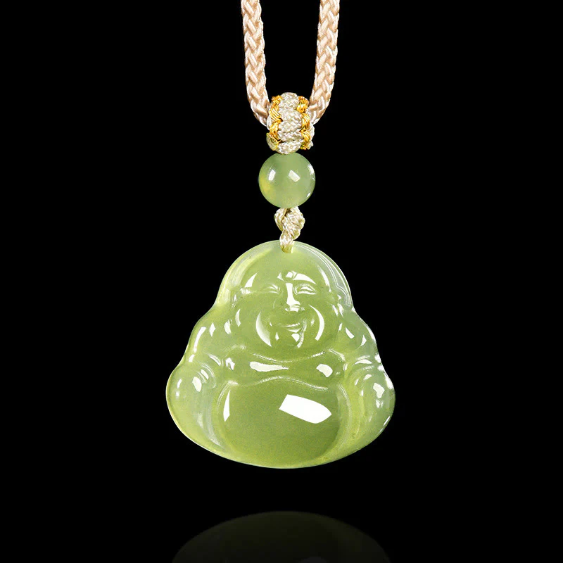 Buddha Stones Naszyjnik z zielonego jadeitu z wisiorkiem "Śmiejący się Budda" w formie liny dobrobytu