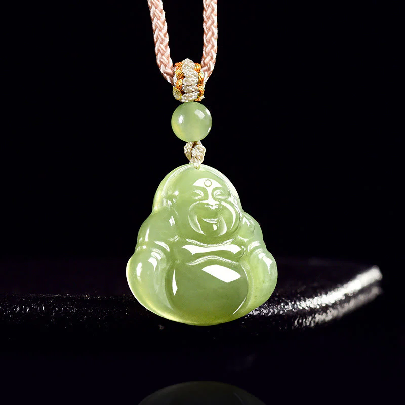 Buddha Stones Naszyjnik z zielonego jadeitu z wisiorkiem "Śmiejący się Budda" w formie liny dobrobytu - Image 3