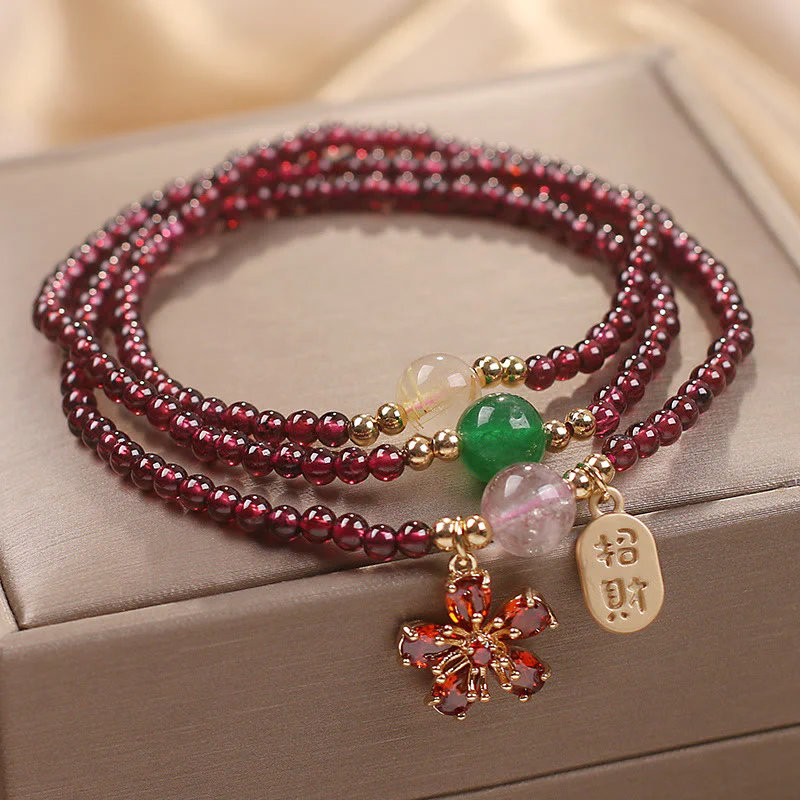 Buddha Stones Naturalne 3mm Ultracienkie Koraliki Granatu Kwiat Wiśni Przyciągaj Szczęście Ochrona Wielowarstwowa Bransoletka