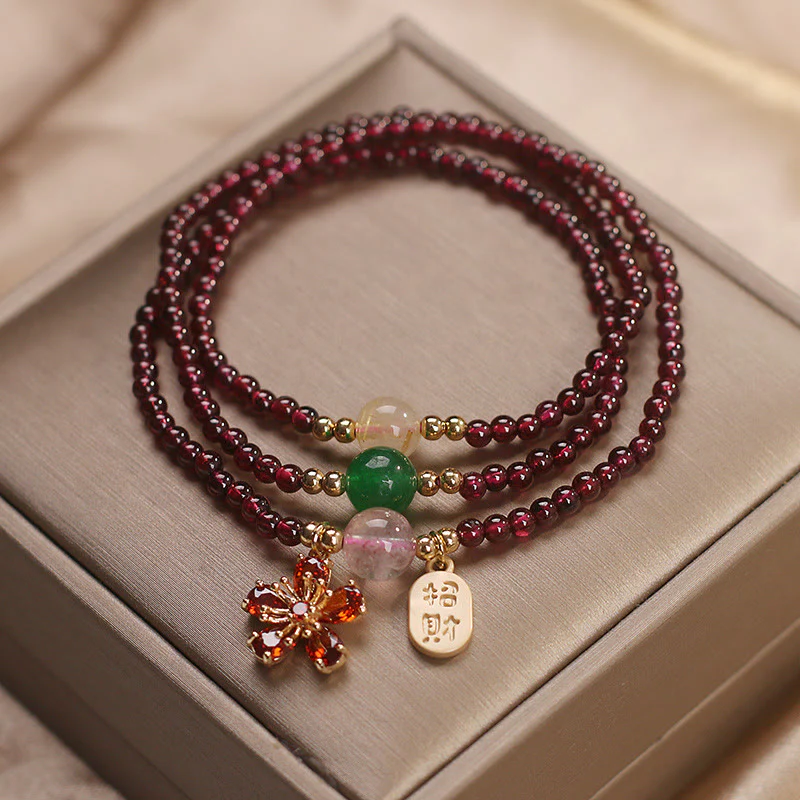 Buddha Stones Naturalne 3mm Ultracienkie Koraliki Granatu Kwiat Wiśni Przyciągaj Szczęście Ochrona Wielowarstwowa Bransoletka - Image 5