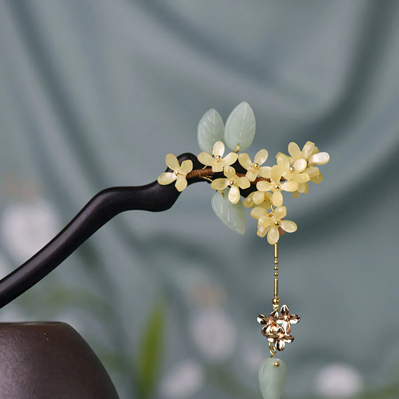 Buddha Stones Naturalne Drewno Hebanowe Osmantus Tassel Balance Spinka Do Włosów - Image 3