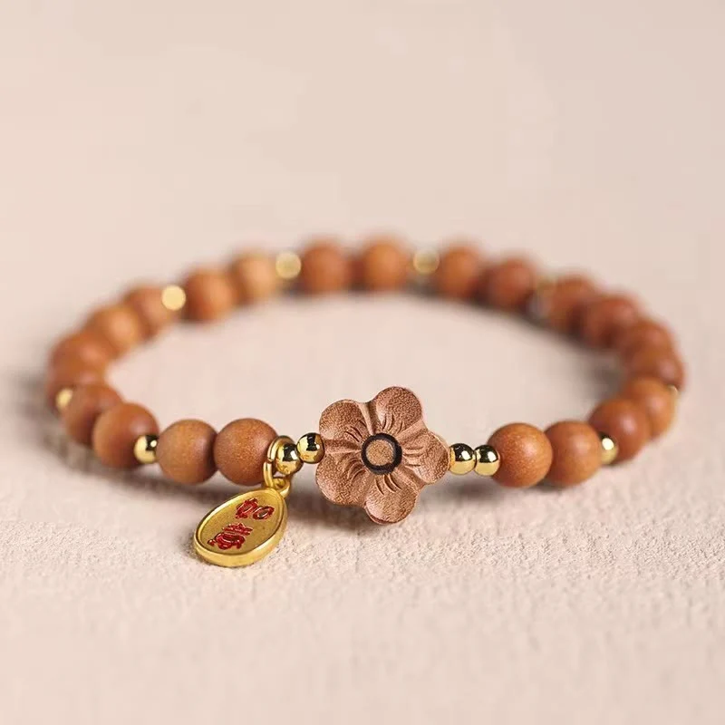 Buddha Stones Naturalne Drzewo Sandałowe Brzoskwiniowy Kwiat Mały Liść Czerwonego Drzewa Sandałowego Ruyi Charm Bransoletka Ochronna