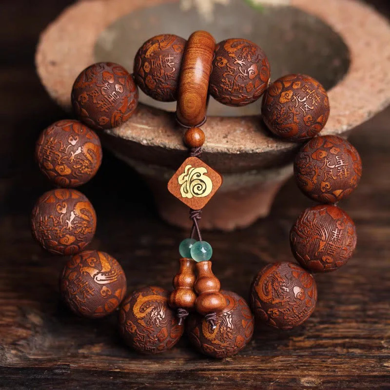 Buddha Stones Naturalne Rzeźbienie Smoka I Feniksa Fu Charakter Tykwy Palisander Koraliki Ciepła Bransoletka