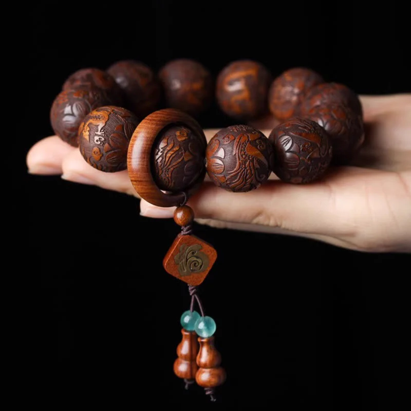 Buddha Stones Naturalne Rzeźbienie Smoka I Feniksa Fu Charakter Tykwy Palisander Koraliki Ciepła Bransoletka - Image 4