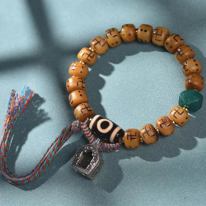 Buddha Stones naturalne tybetańskie kości wielbłąda swastyka Dzi koralik Shankha wisiorek buddy Kirtimukha ochrona szczęścia bransoletka z frędzlami