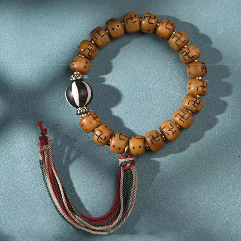 Buddha Stones naturalne tybetańskie kości wielbłąda swastyka Dzi koralik Shankha wisiorek buddy Kirtimukha ochrona szczęścia bransoletka z frędzlami - Image 11