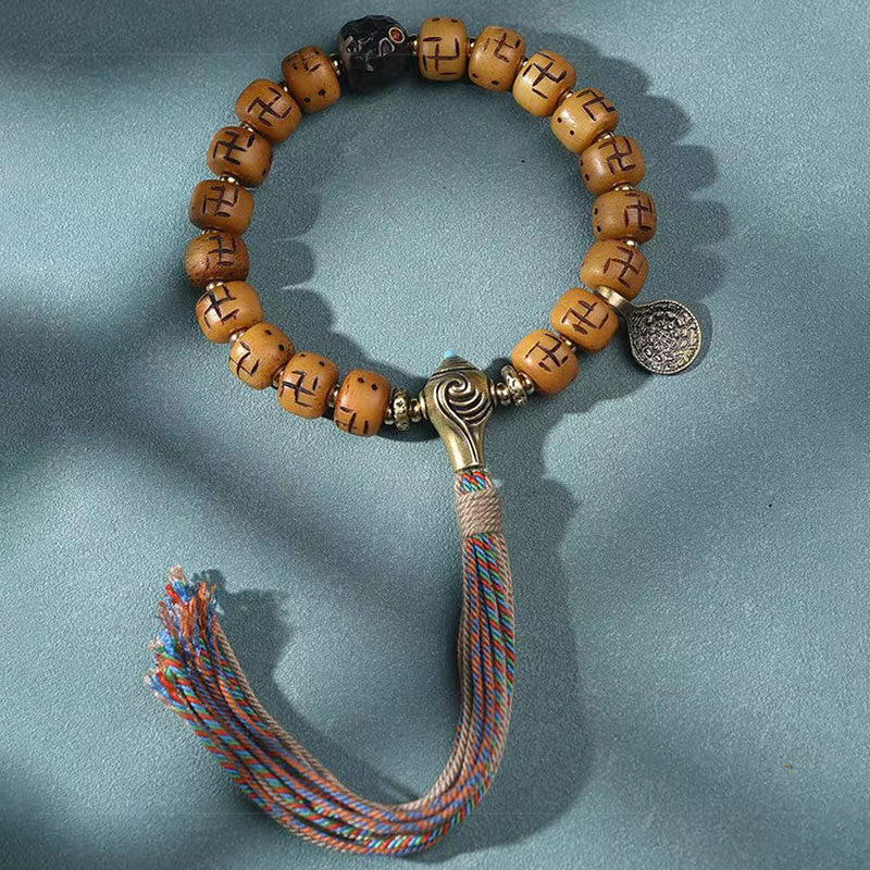 Buddha Stones naturalne tybetańskie kości wielbłąda swastyka Dzi koralik Shankha wisiorek buddy Kirtimukha ochrona szczęścia bransoletka z frędzlami - Image 6