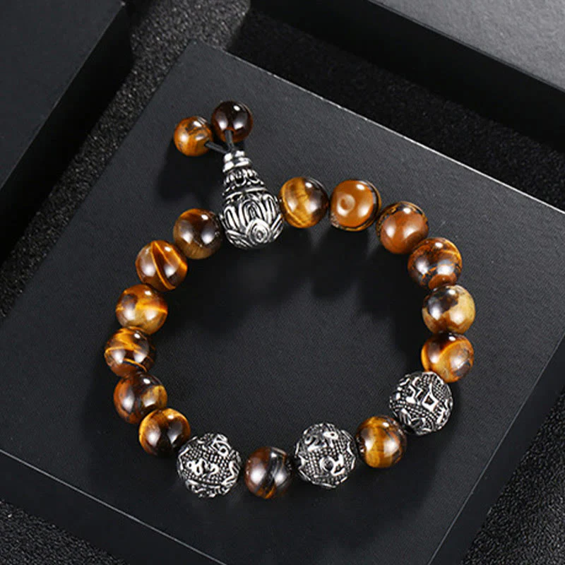 Buddha Stones Naturalne Tygrysie Oko Skała Lawowa Czarny Obsydian Tytan Stal Sześć Prawdziwych Słów Om Mani Padme Hum Bransoletka Ochronna - Image 2