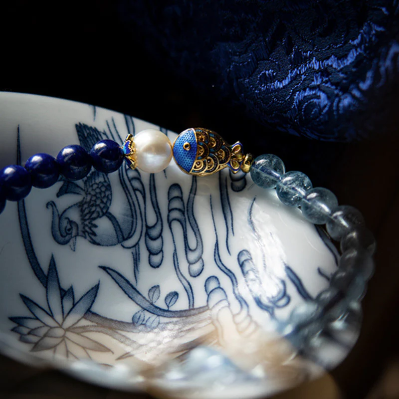Bransoletka lecznicza z Buddha Stones, naturalnym akwamarynem i lazurytem, lapis lazuli, z motywem ryb - Image 5
