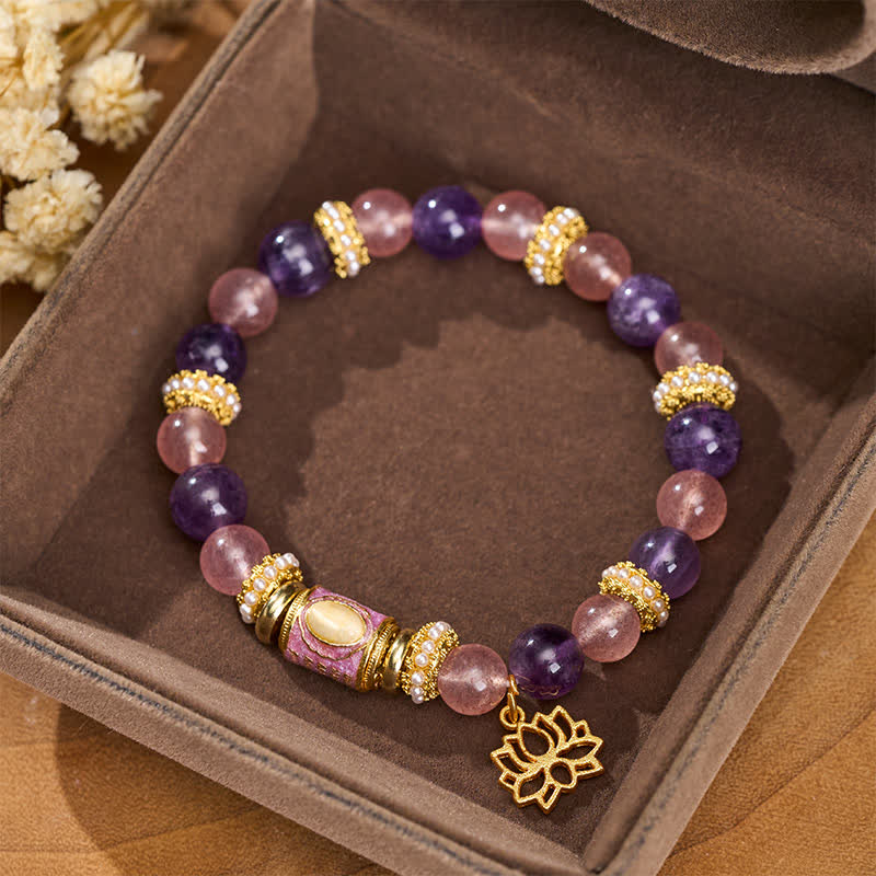 Buddha Stones Naturalny ametystowy wisiorek z emalii w kształcie beczki z kwarcu truskawkowego i lotosu, spokojna, ręcznie polerowana, okrągła bransoletka z koralików - Image 2
