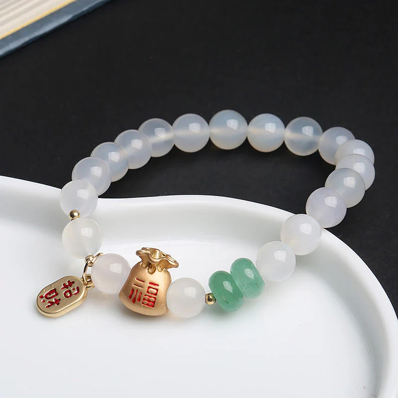 Buddha Stones Naturalny Biały Agat Czerwony Agat Worek Pieniędzy Fu Charakter Czterolistna Koniczyna Bransoletka Ochronna - Image 2