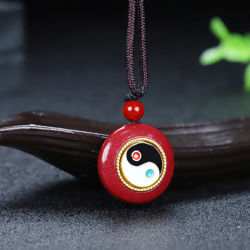 Buddha Stones Naturalny Cynober Yin Yang Design Pleciony Sznurek Błogosławieństwo Naszyjnik Wisiorek