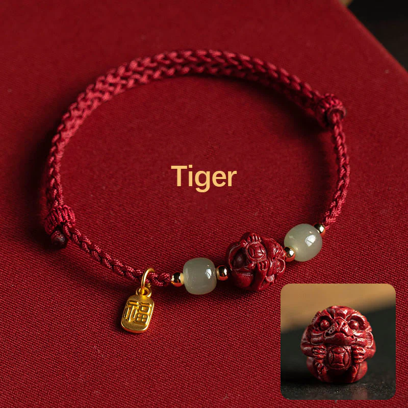 Buddha Stones Naturalny Cynober Chiński Zodiak Hetian Jade Fu Charakter Szczęścia Bransoletka Lina - Image 3
