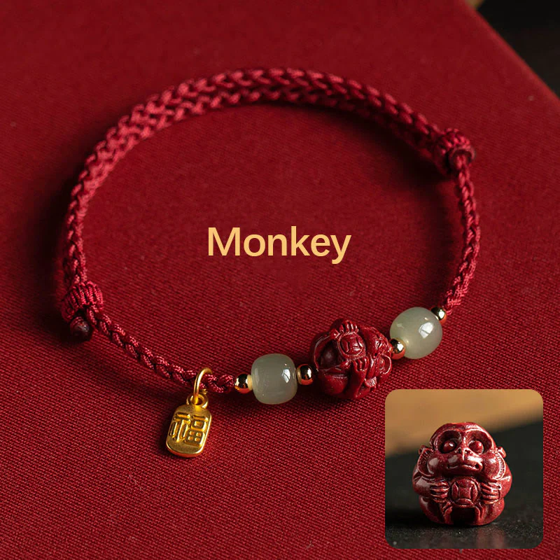 Buddha Stones Naturalny Cynober Chiński Zodiak Hetian Jade Fu Charakter Szczęścia Bransoletka Lina - Image 9
