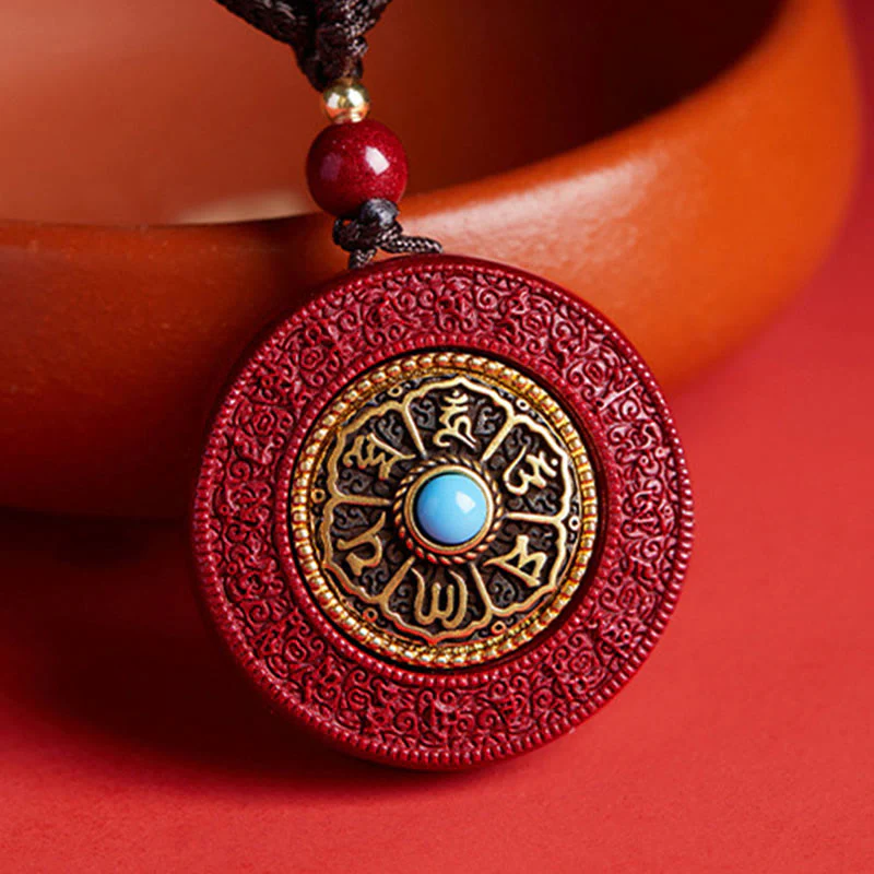 Buddha Stones Naturalny Cynober Om Mani Padme Hum Obrotowy Pismo Yin Yang Wzór Błogosławieństwo Naszyjnik Wisiorek Sznurkowy