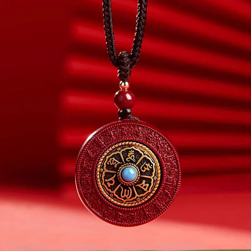Buddha Stones Naturalny Cynober Om Mani Padme Hum Obrotowy Pismo Yin Yang Wzór Błogosławieństwo Naszyjnik Wisiorek Sznurkowy - Image 2