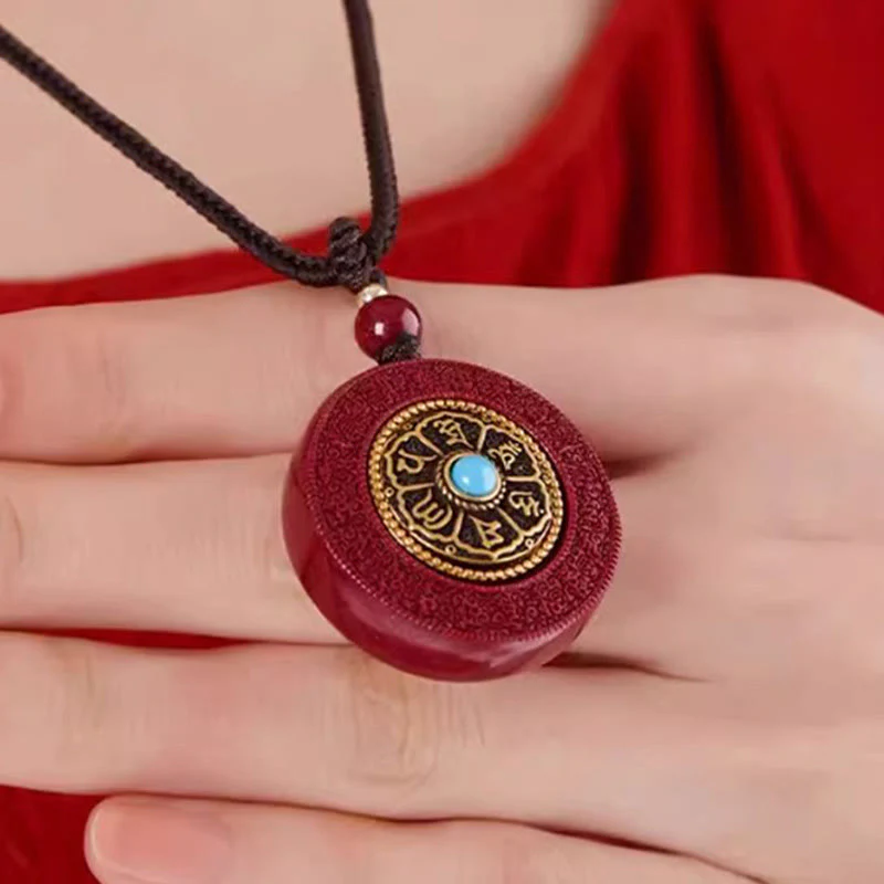 Buddha Stones Naturalny Cynober Om Mani Padme Hum Obrotowy Pismo Yin Yang Wzór Błogosławieństwo Naszyjnik Wisiorek Sznurkowy - Image 3
