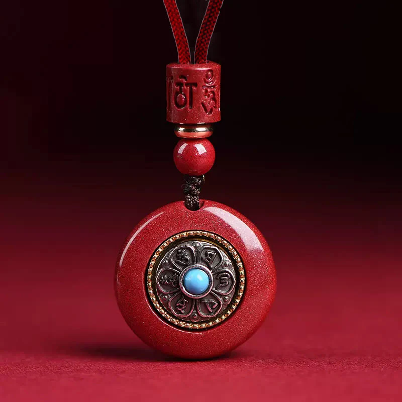Buddha Stones Naturalny Cynober Sześć Prawdziwych Słów ' Om Mani Padme Hum' Pleciony Sznurek Błogosławieństwo Breloczek Naszyjnik Wisiorek