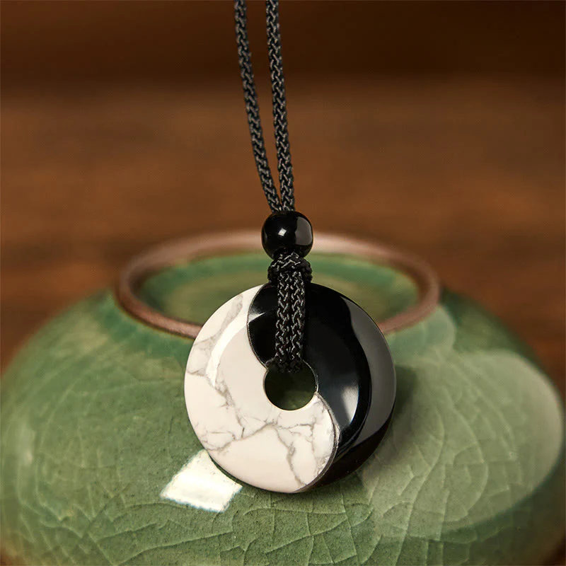 Buddha Stones Naturalny Czarny Obsydian Biały Turkus Yin Yang Pokój Klamra Projekt Pleciony Sznurek Siła Naszyjnik Wisiorek