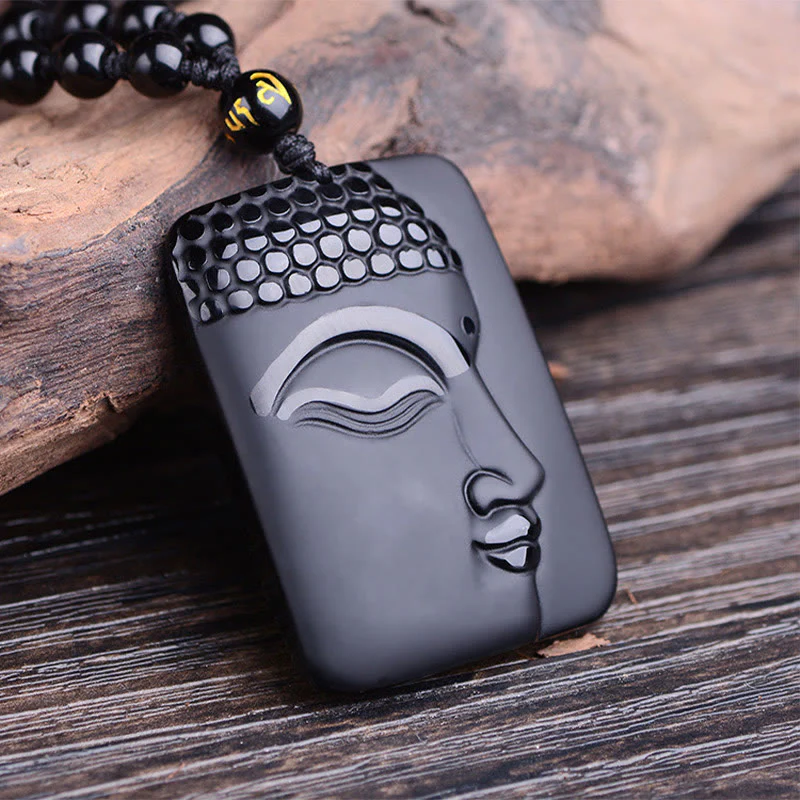 Buddha Stones Naturalny Czarny Obsydian Budda Modlitwa Oczyszczająca Szczęście Wisiorek Naszyjnik