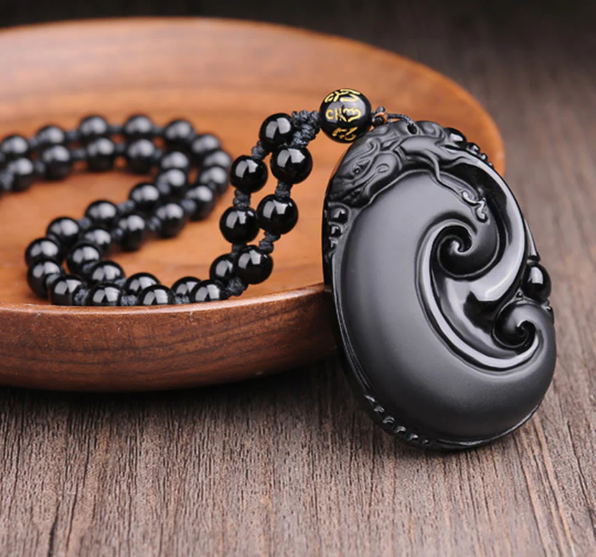 Buddha Stones Naturalny Czarny Obsydian PiXiu Owalny Wzór Siła Naszyjnik Wisiorek - Image 2