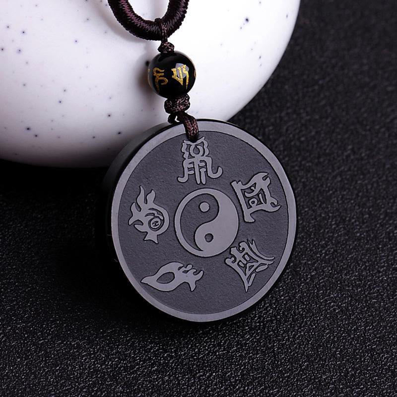 Buddha Stones Naturalny Czarny Obsydian Taoizm Pięć Świętych Gór Dziewięcioznakowa Mantra Rzeźbiona Siła Yin Yang Naszyjnik Wisiorek Brelok