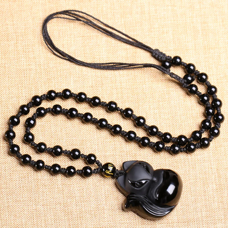 Buddha Stones Naturalny Czarny Obsydian Tygrysie Oko Lodowy Obsydian Lis Wisiorek Amulet Naszyjnik - Image 3