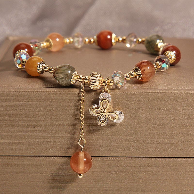 Buddha Stones Naturalny Fu Lu Shou Tęczowy Kryształ Rutilated Quartz Bransoletka z Motylem i Zawieszką Bogactwa