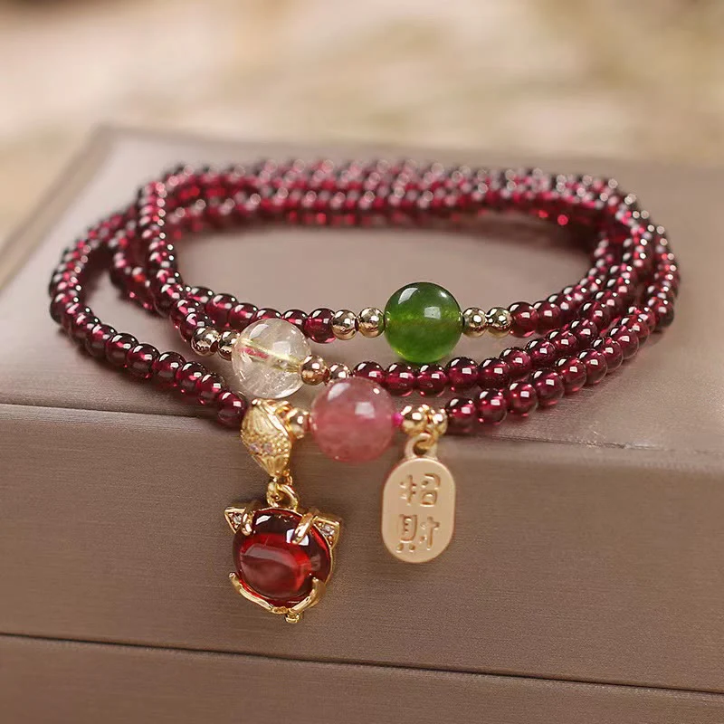 Buddha Stones Naturalny Granat Truskawkowy Kwarc Kryształ Lis Koi Ryba Pokój Klamra Fortune Ochrona Bransoletka Potrójnie Owijana - Image 4