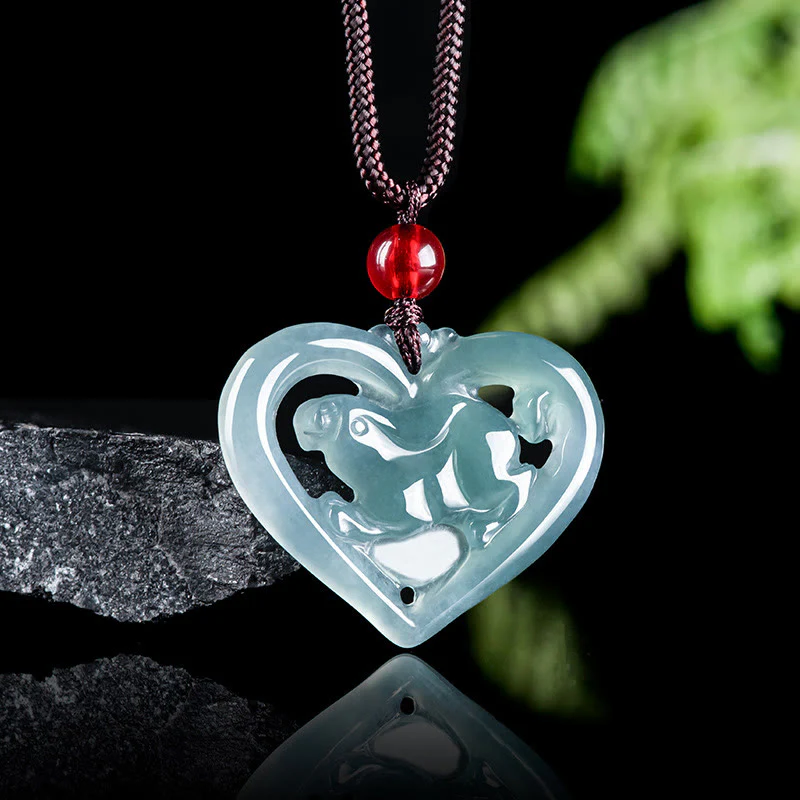 Buddha Stones Naturalny Jade Love Heart Rabbit Szczęście Naszyjnik Wisiorek - Image 2