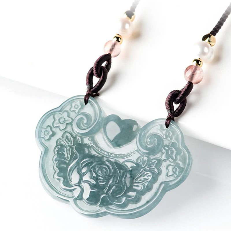 Buddha Stones Naturalny Jadeit Peonia Kwiat Kłódka Dobrych Życzeń Naszyjnik Wisiorek Dobrobytu - Image 3
