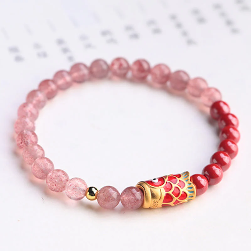 Buddha Stones Naturalny Kwarc Truskawkowy Cynober Lucky Koi Fish Healing Bransoletka - Image 15