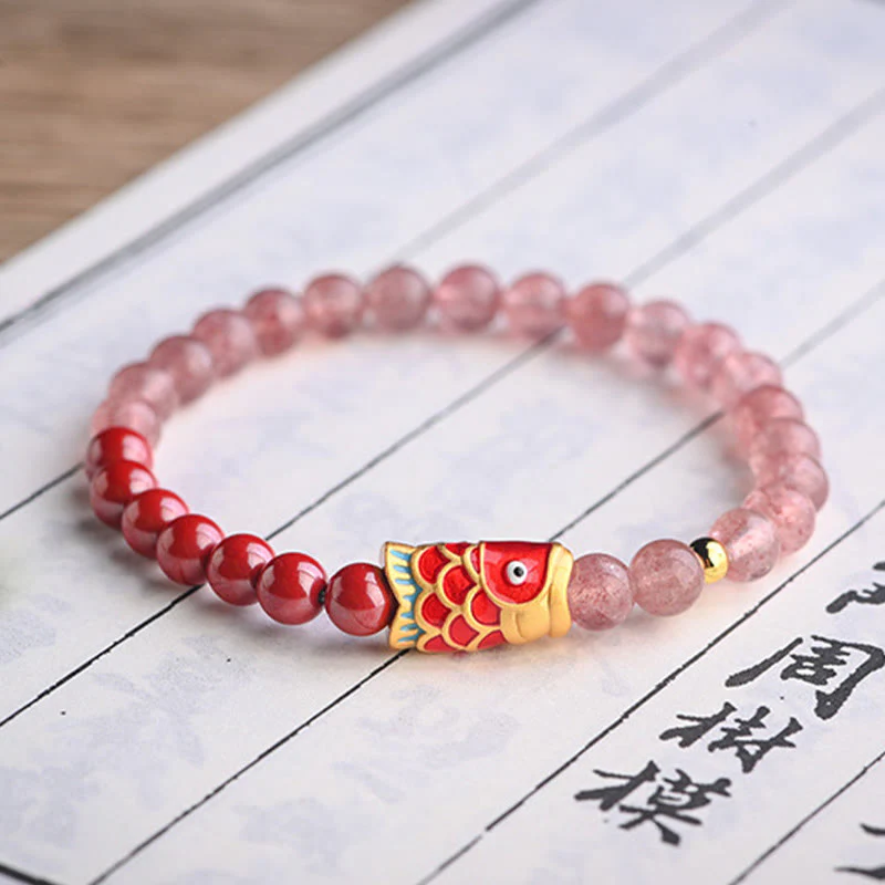 Buddha Stones Naturalny Kwarc Truskawkowy Cynober Lucky Koi Fish Healing Bransoletka - Image 17