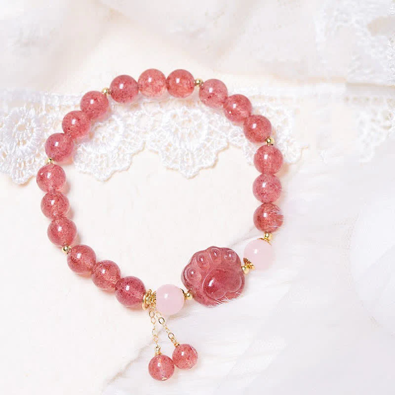 Buddha Stones Naturalny Kwarc Truskawkowy Różowy Kryształ Lucky Cat Paw Love Bransoletka