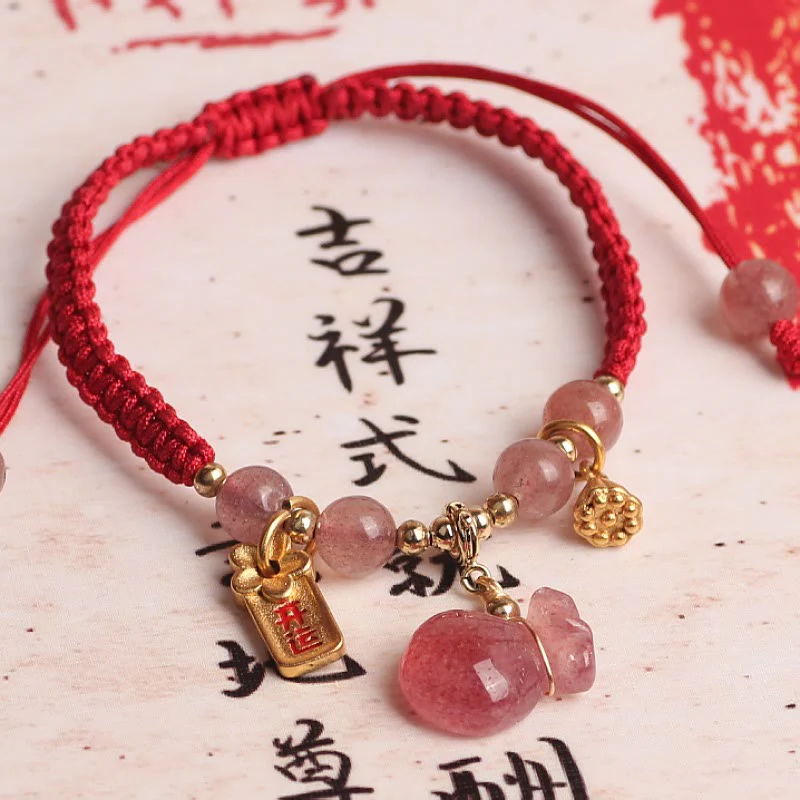 Buddha Stones Naturalny Kwarc Truskawkowy Worek Pieniędzy Lotos Uzdrawiający Charm Czerwony Sznurek Bransoletka Pleciona
