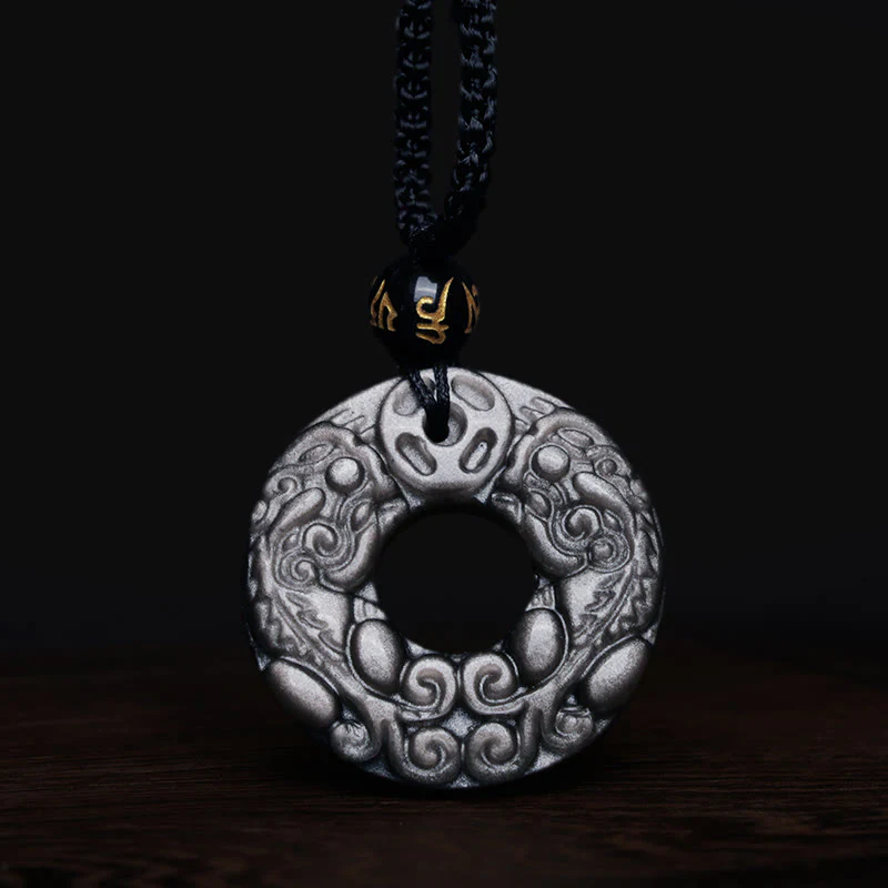 Buddha Stones Naturalny Srebrny Połysk Obsydian Podwójny PiXiu Miedziana Moneta Pokój Klamra Ochrona Naszyjnik Wisiorek - Image 7