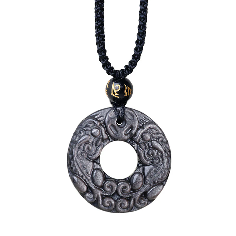 Buddha Stones Naturalny Srebrny Połysk Obsydian Podwójny PiXiu Miedziana Moneta Pokój Klamra Ochrona Naszyjnik Wisiorek - Image 9