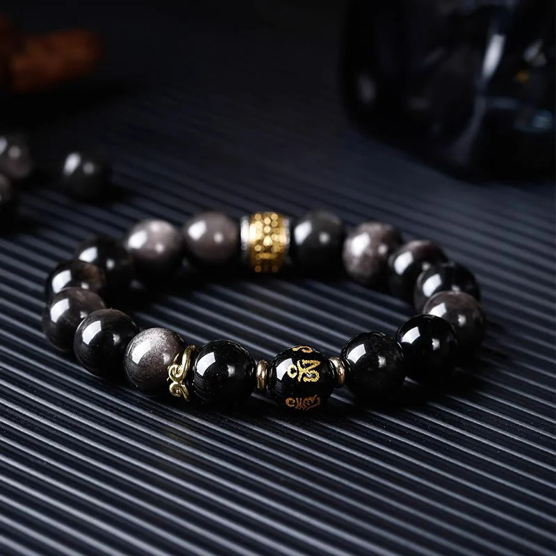 Buddha Stones Naturalny Srebrny Połysk Obsydian Tygrysie Oko Sześć Prawdziwych Słów 'om Mani Padme Hum' Bransoletka Siłowa - Image 15