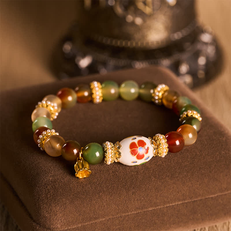 Buddha Stones Naturalny wisiorek z koralików beczułkowych z agatu pawiego z ceramiki w kształcie lotosu, okrągła bransoletka z koralików Confidence - Image 2