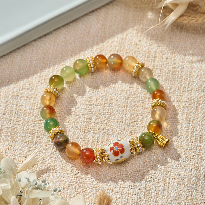 Buddha Stones Naturalny wisiorek z koralików beczułkowych z agatu pawiego z ceramiki w kształcie lotosu, okrągła bransoletka z koralików Confidence - Image 3