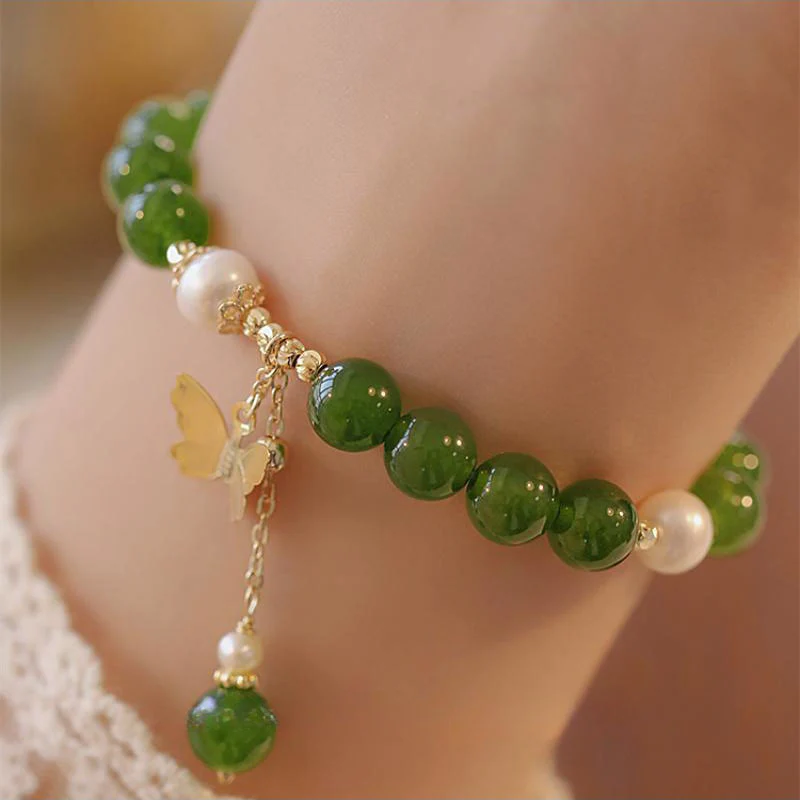 Buddha Stones Naturalny Zielony Chalcedon Perła Motyl Odwaga Siła Bransoletka